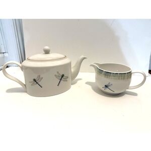 QUEEN'S India Porcelain DRAGONFLY 32oz Teapot + matching Lakeside Creamer